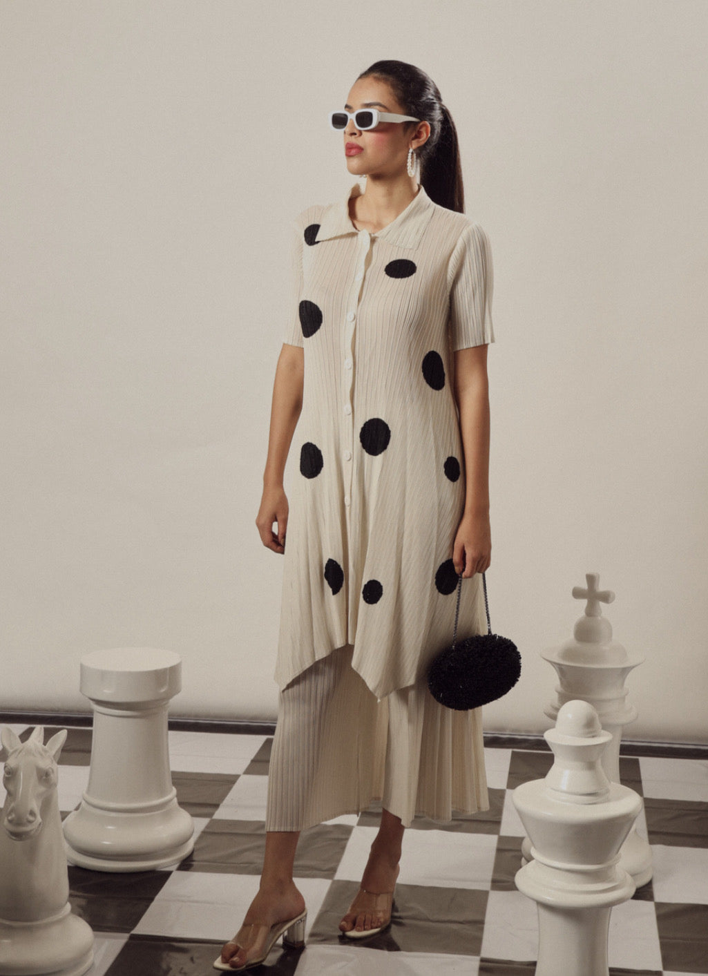 POLKA DOT STUDDED TUNIC CO ORD SET IN IVORY