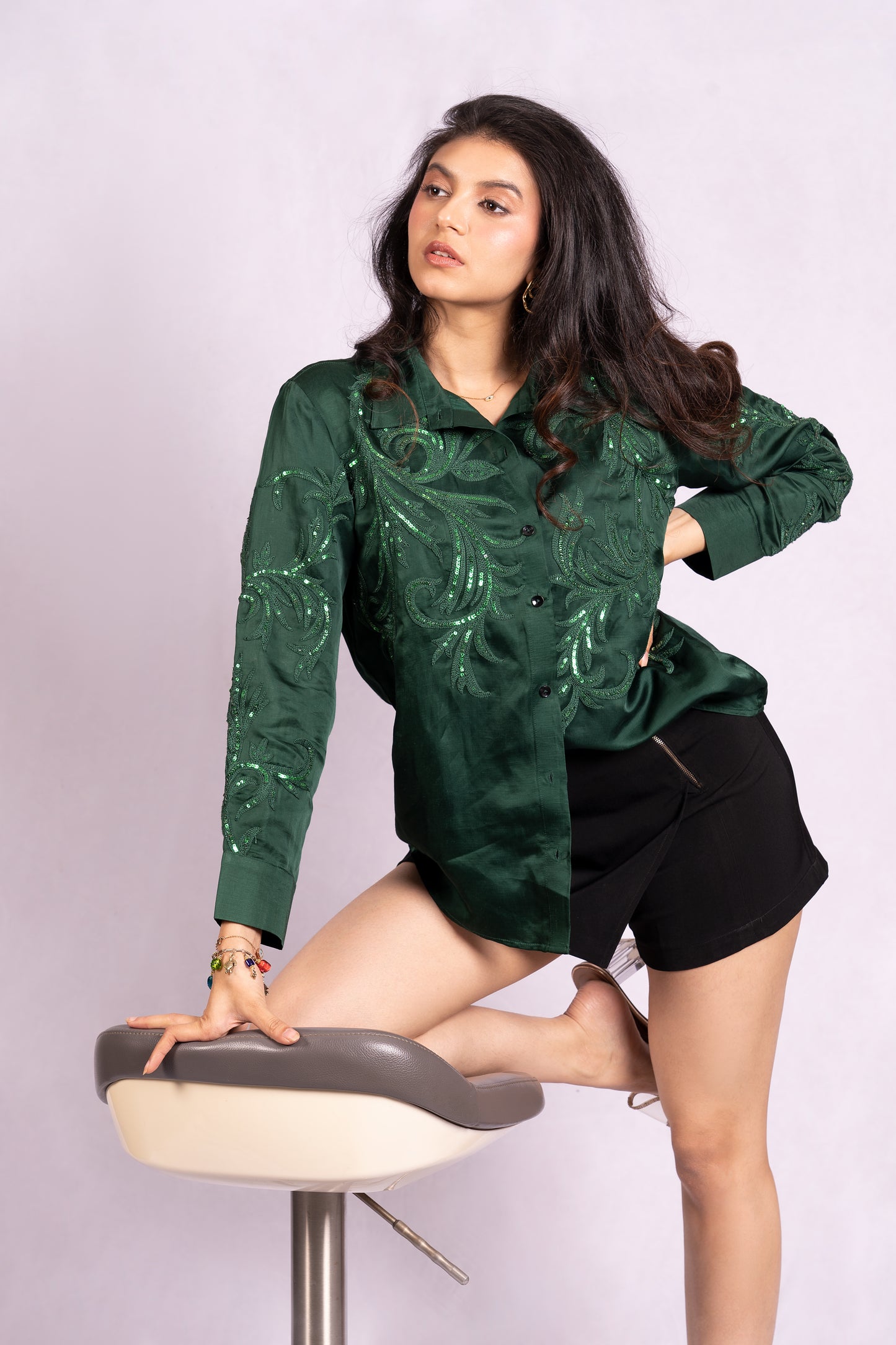 Sequin Floral Shirt Bottle Green