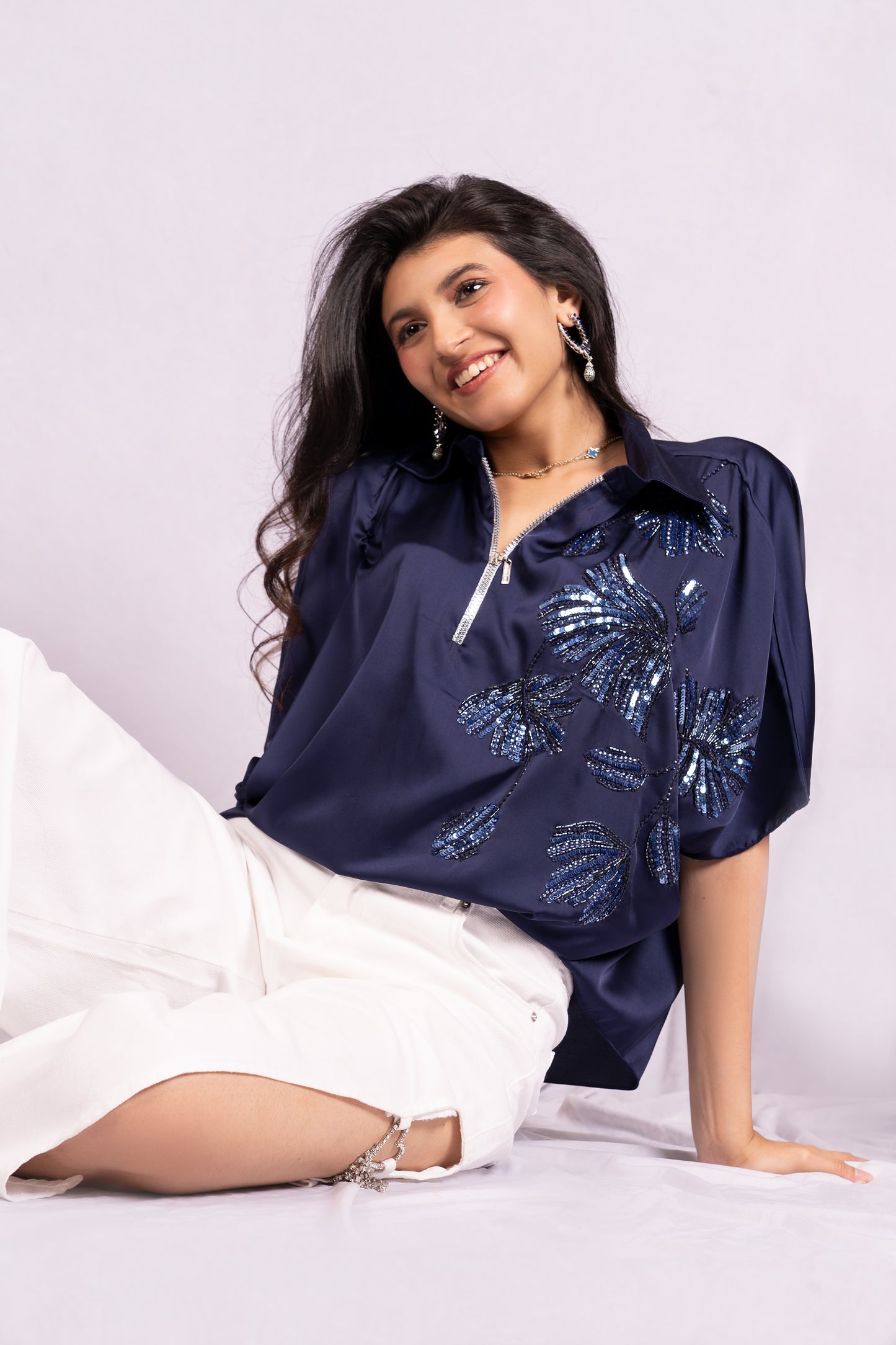 Navy blue floral sequin top