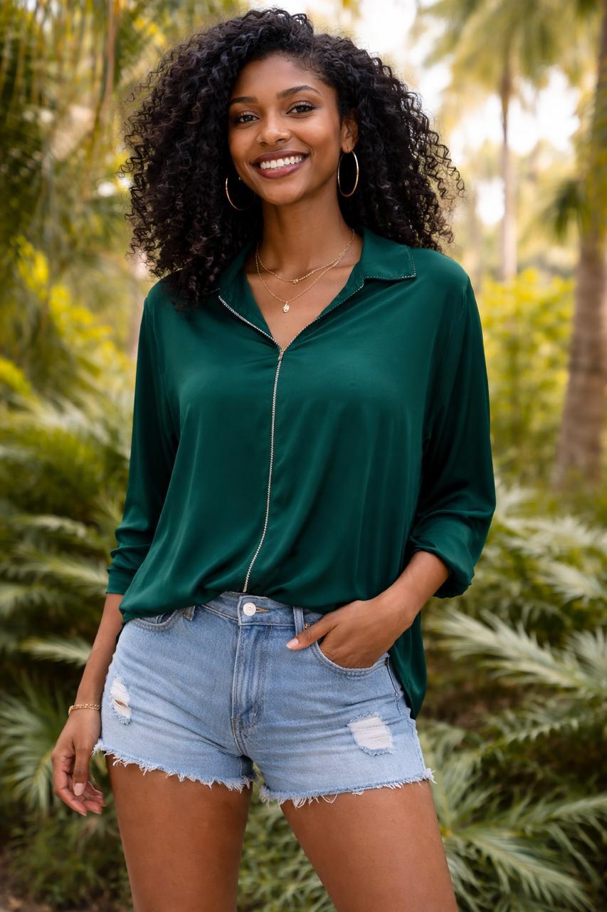Bottle green shirt with sequin work on collar and neck