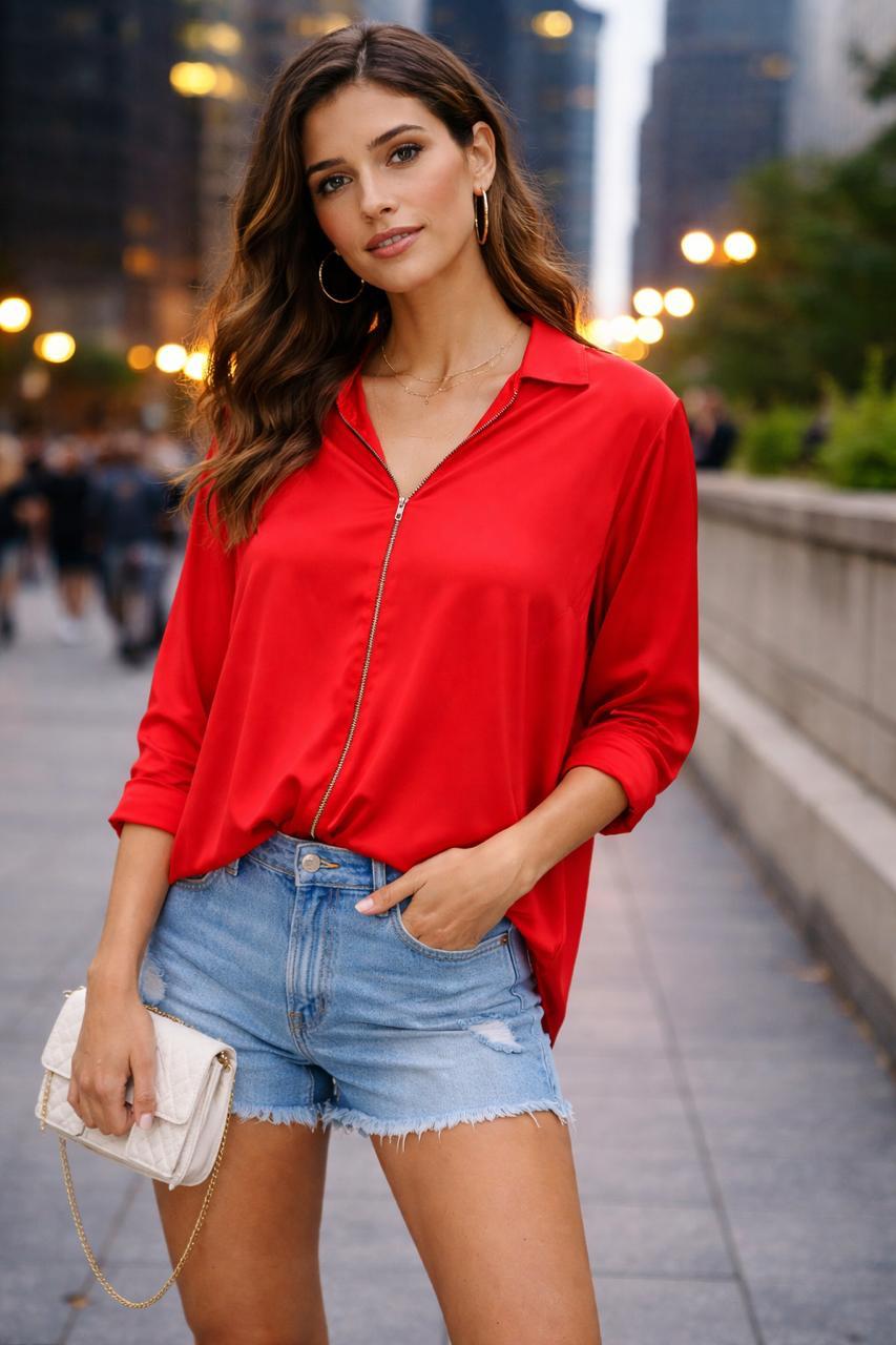 Red shirt with sequin on collar and neck