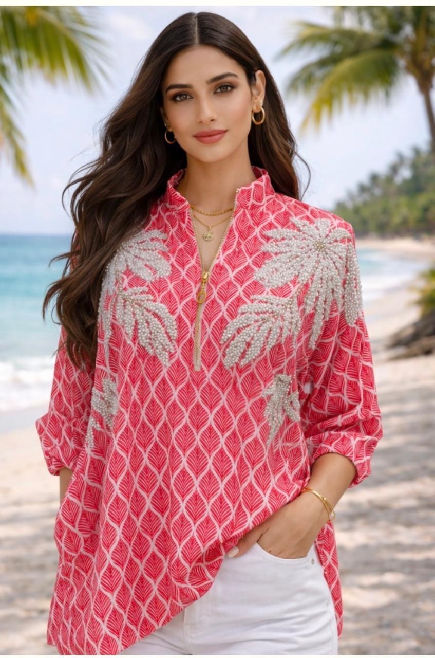 Coral shirt with white floral sequin work