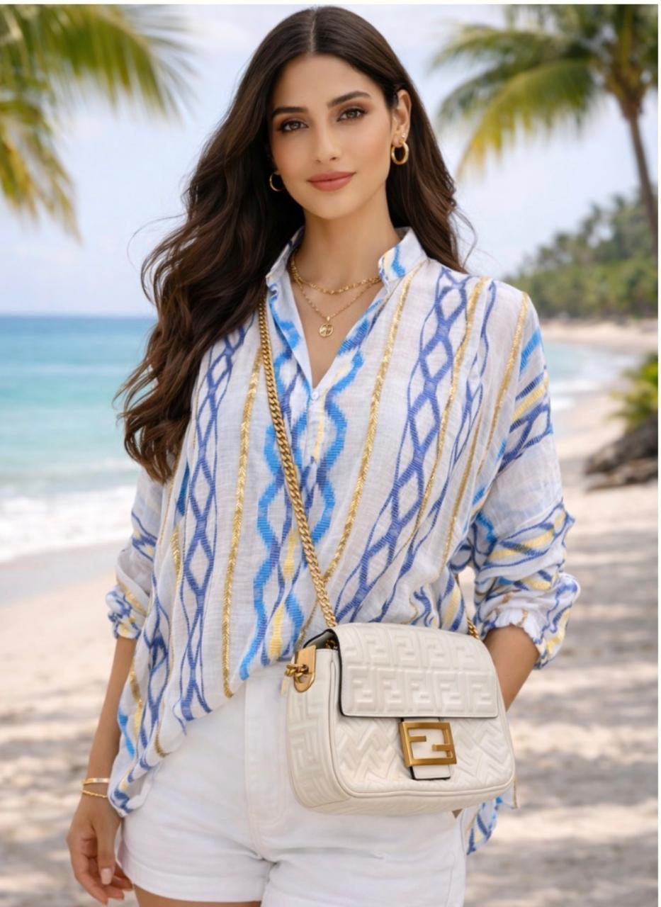 White and Gold shirt with blue geometric design