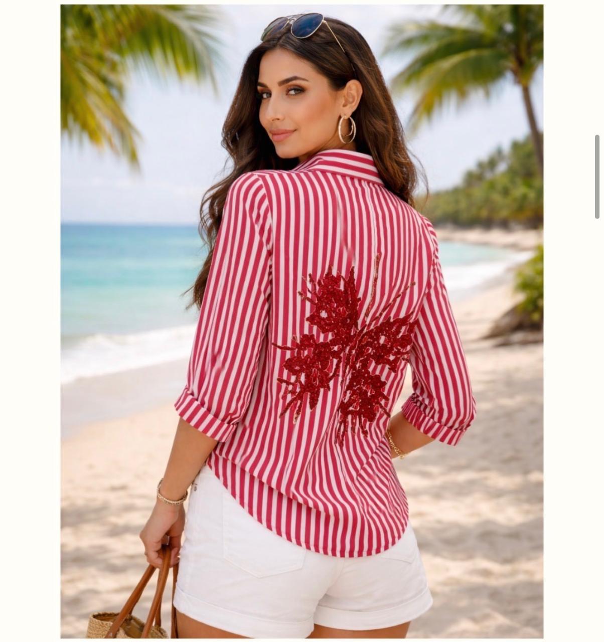 Red and white striped shirt with zipper in the front and zipper at the back with red and diver sequin