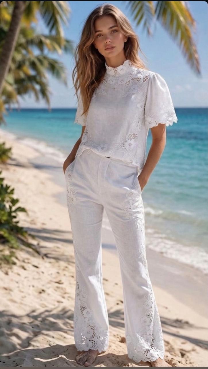 White cut work high neck Co-ord set with pants
