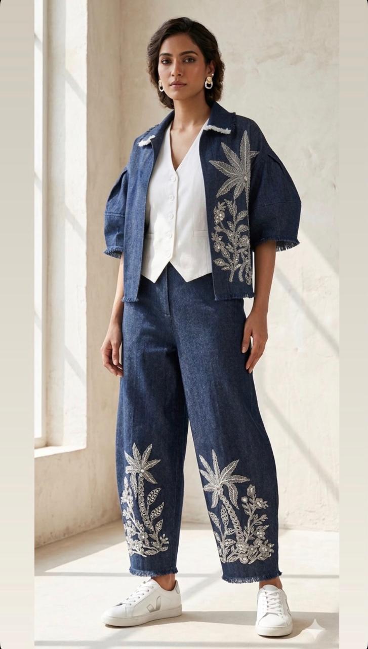 Blue Denim pant set with white and silver embroidery and sequin