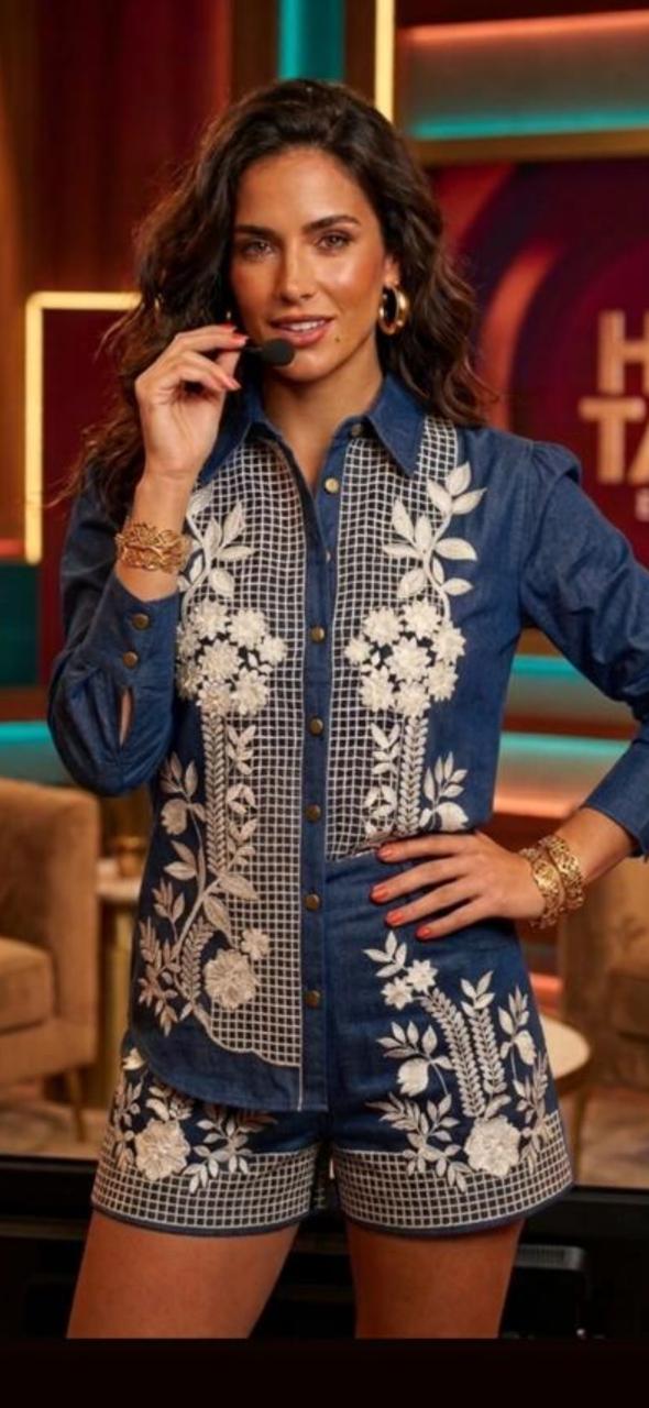 Denim and white cut work short set Cotton