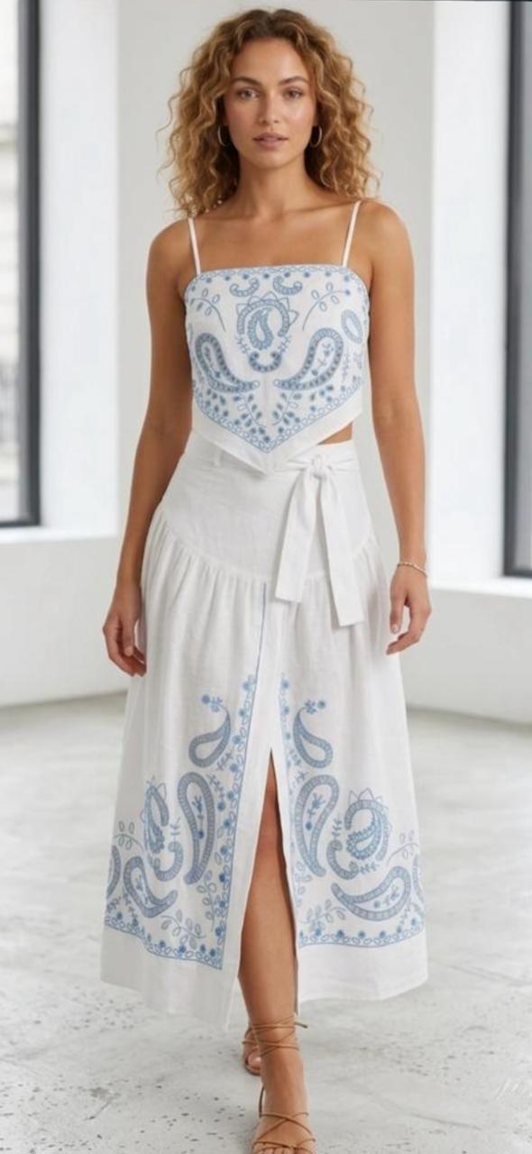White and blue strap cut work skirt set