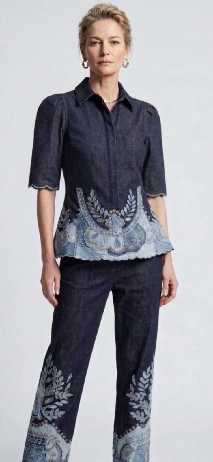 Denim and powder blue cutwork pant set Cotton
