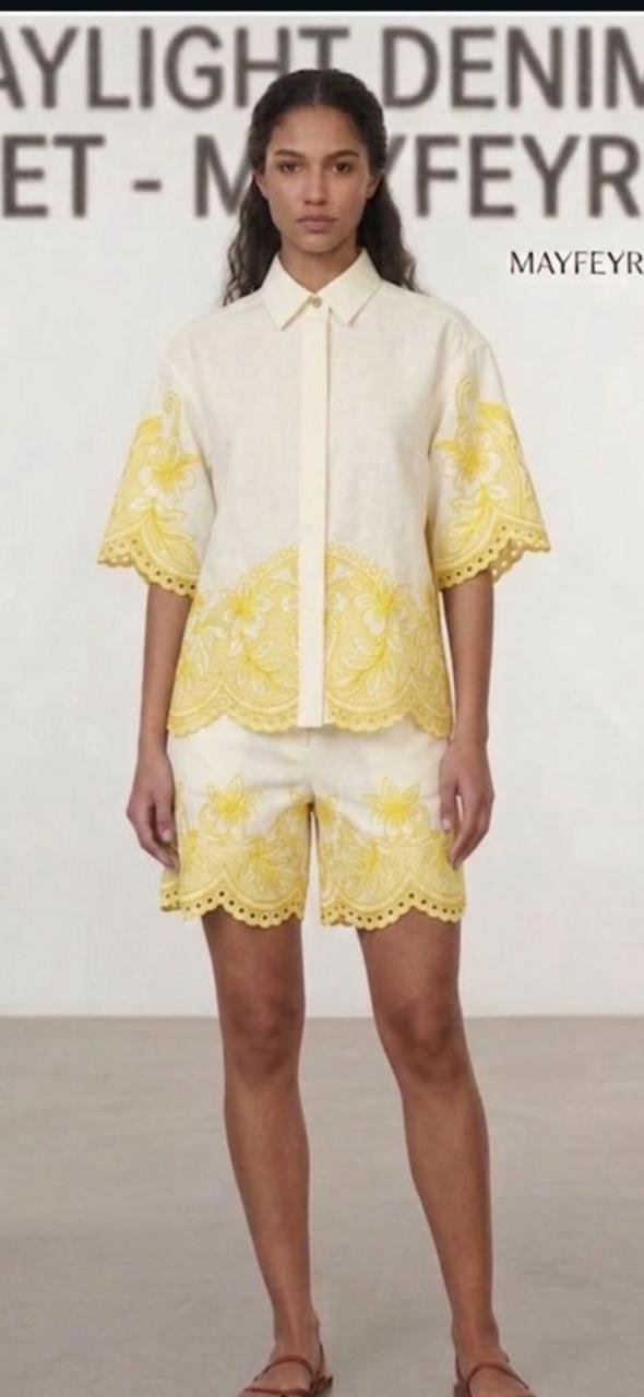 Yellow and white cutwork short set Cotton
