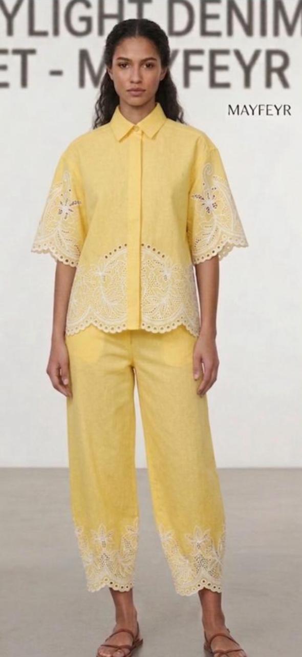 Yellow and white cutwork pant set Cotton