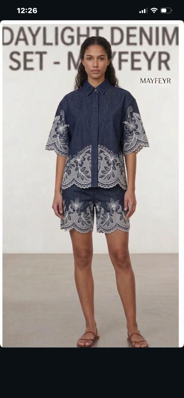 Blue and white cutwork short set Cotton