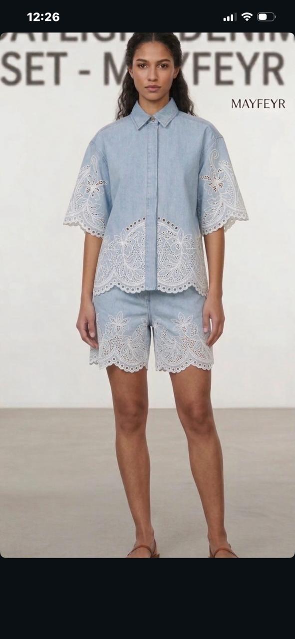Powder blue denim and white cutwork short Se