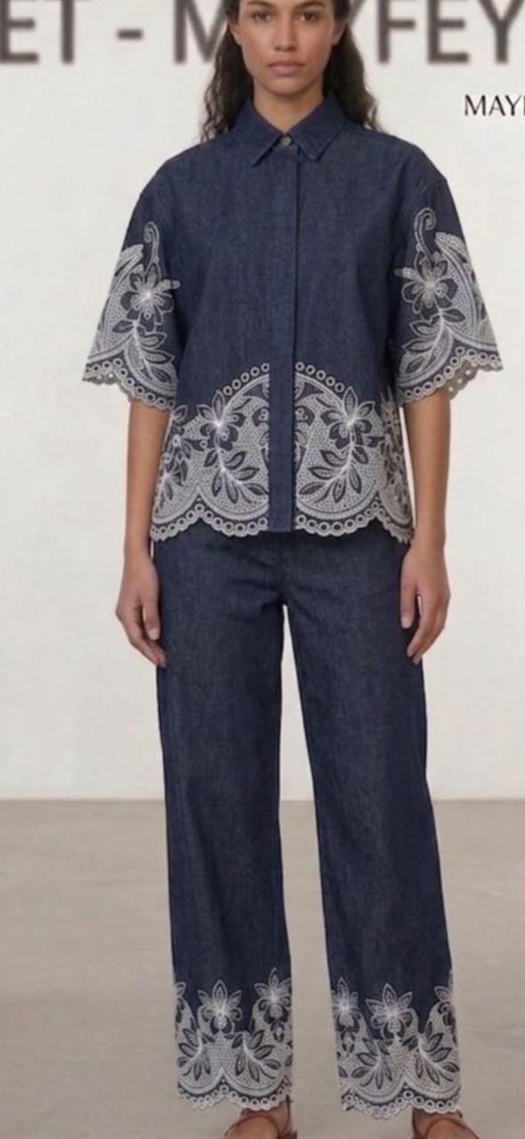 Navy blue and white cut work pant set Cotton