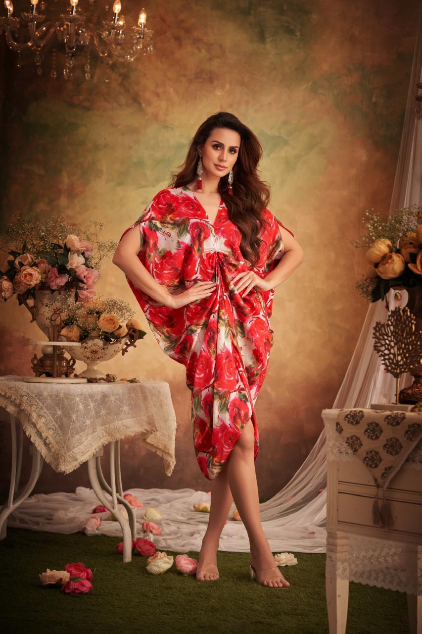 Red printed draped maxi dress