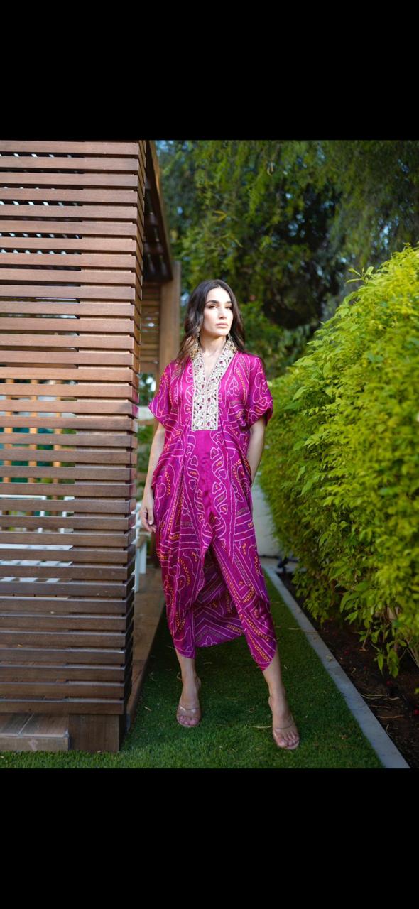Fuchsia pink bandhani high low top with pants