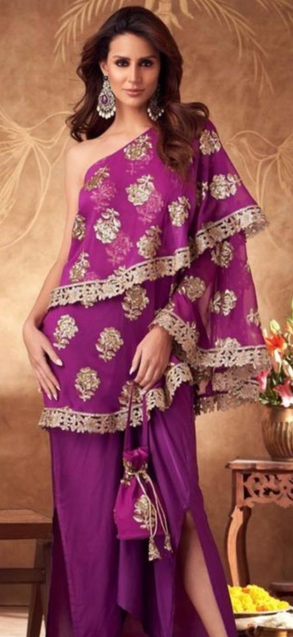 Magenta one shoulder with gold embroidered top with pants