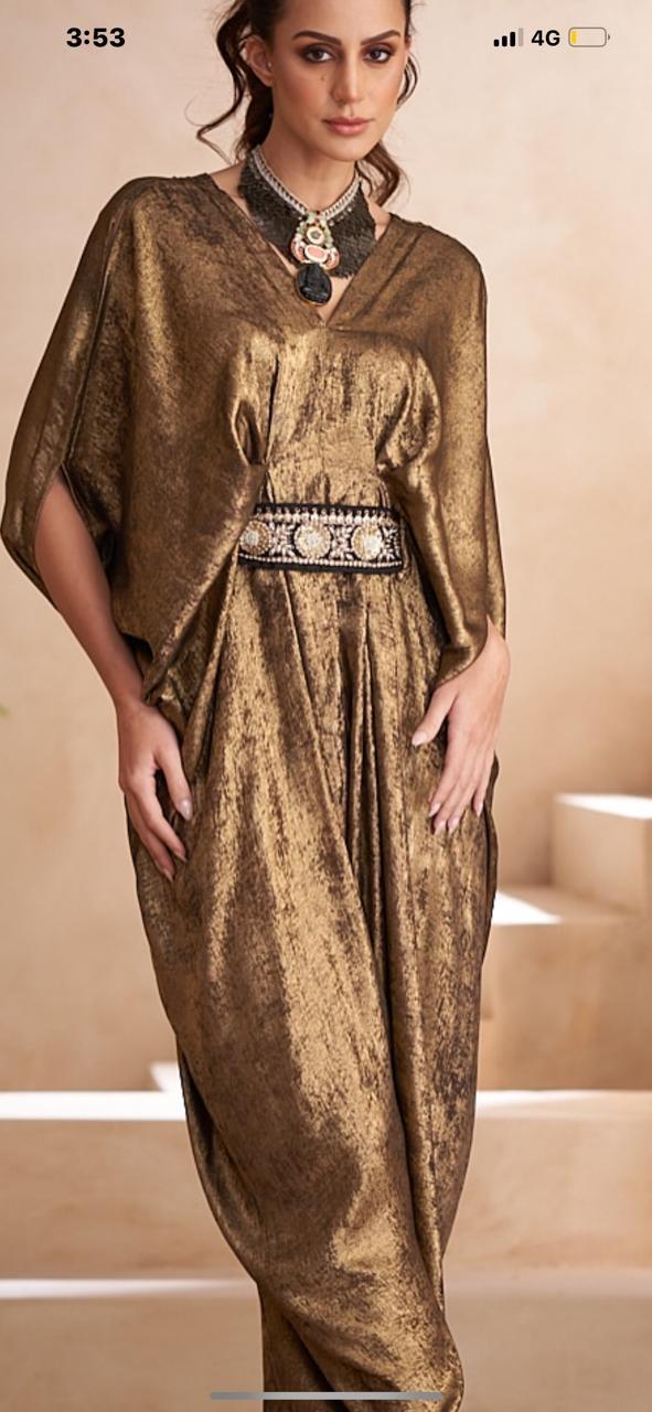 Bronze shimmer jumpsuit with black embroidered belt