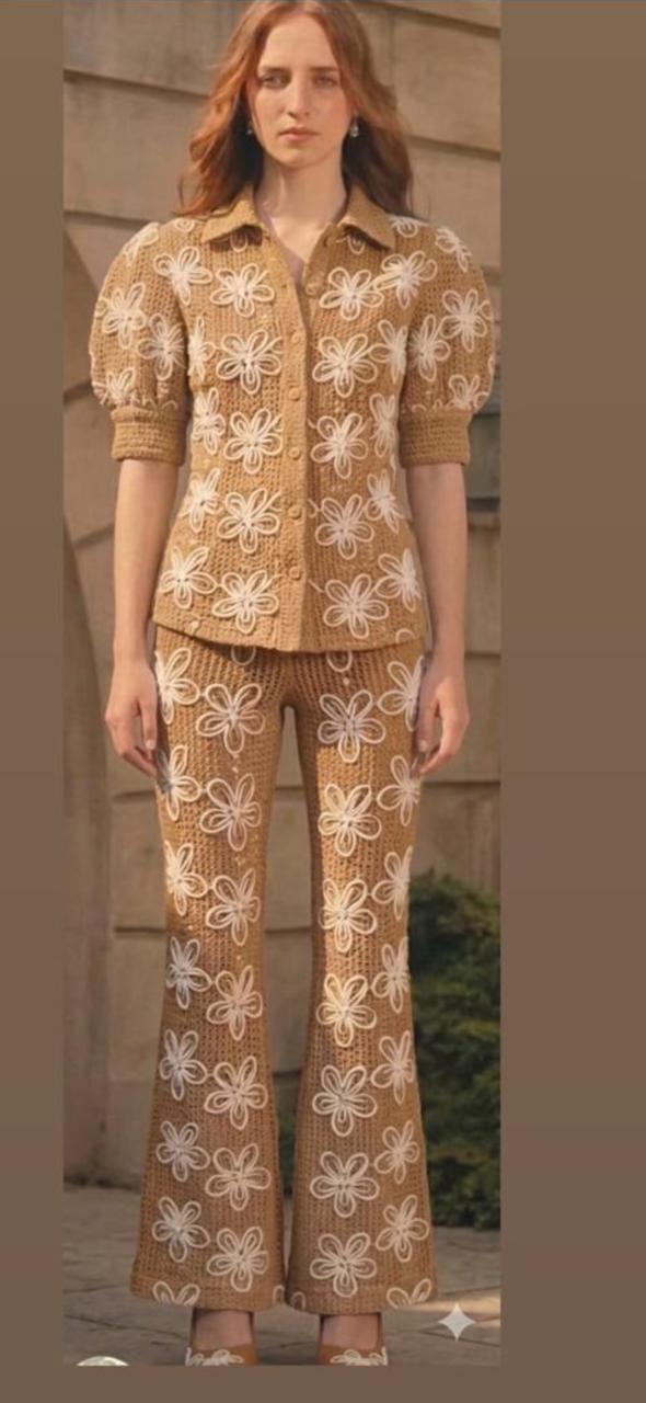 Beige with white floral cut work pant set