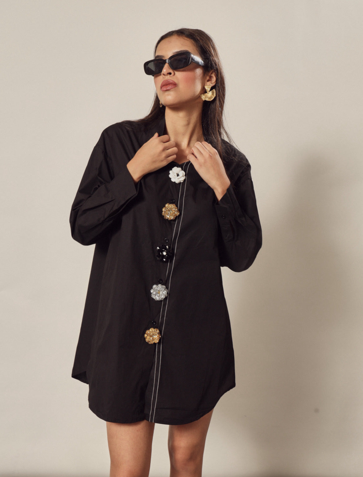 BEATRIX BEJEWELLED SHIRT DRESS IN BLACK