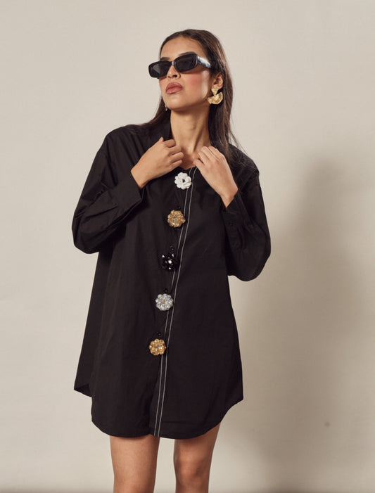 BEATRIX BEJEWELLED SHIRT DRESS IN BLACK