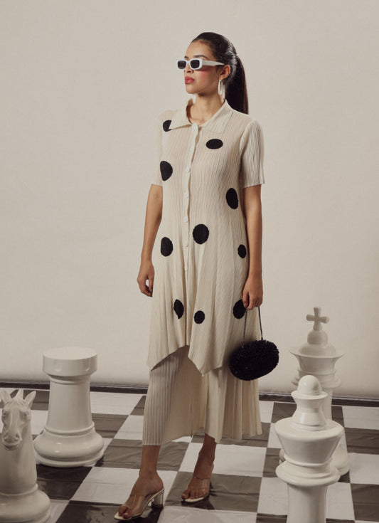 POLKA DOT STUDDED TUNIC CO ORD SET IN IVORY
