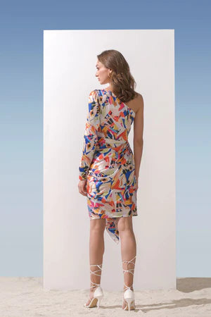 Image of SATIN GEOMETRIC ONE SHOULDER DRESS. From savoirfashions.com