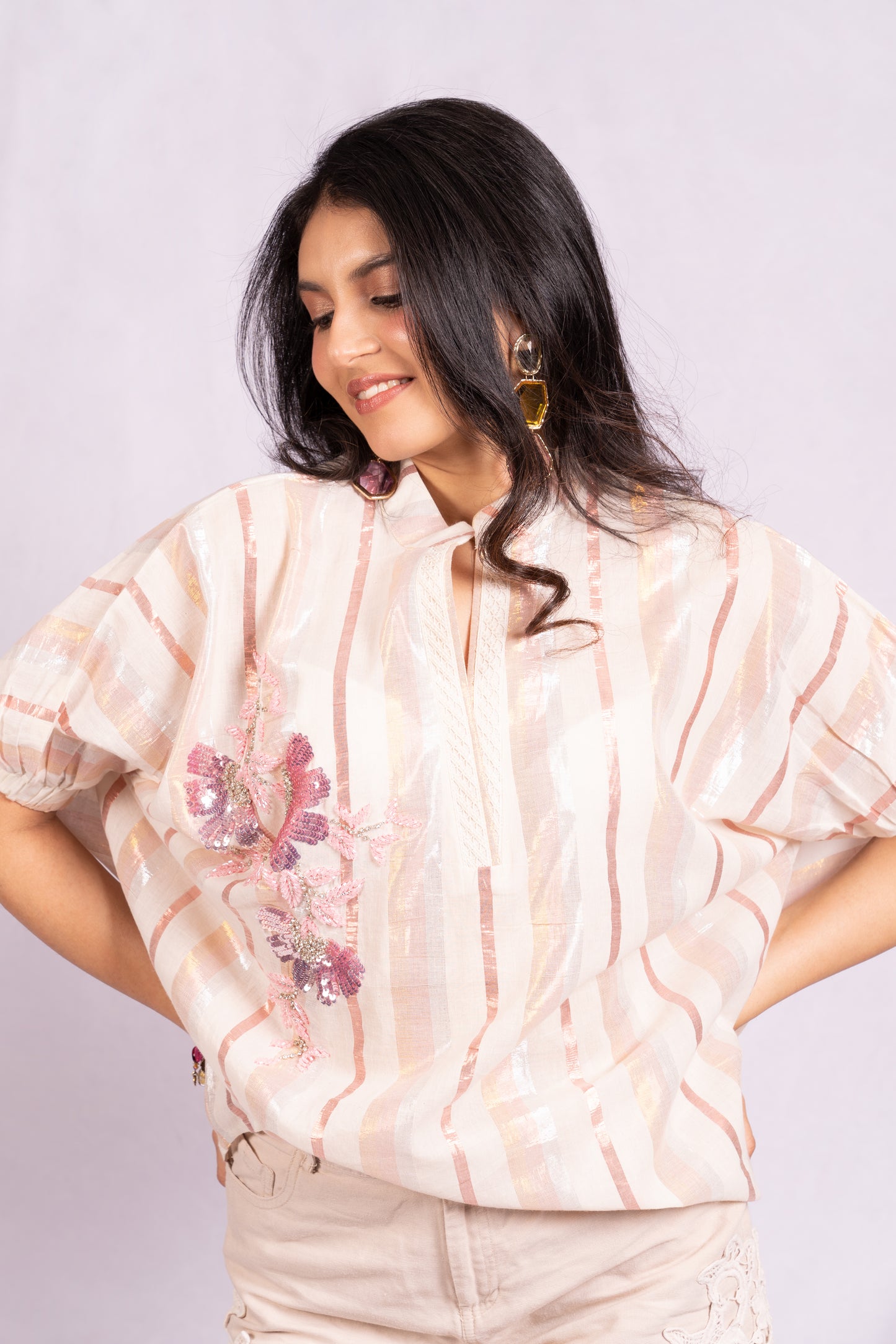 Peach and silver floral top