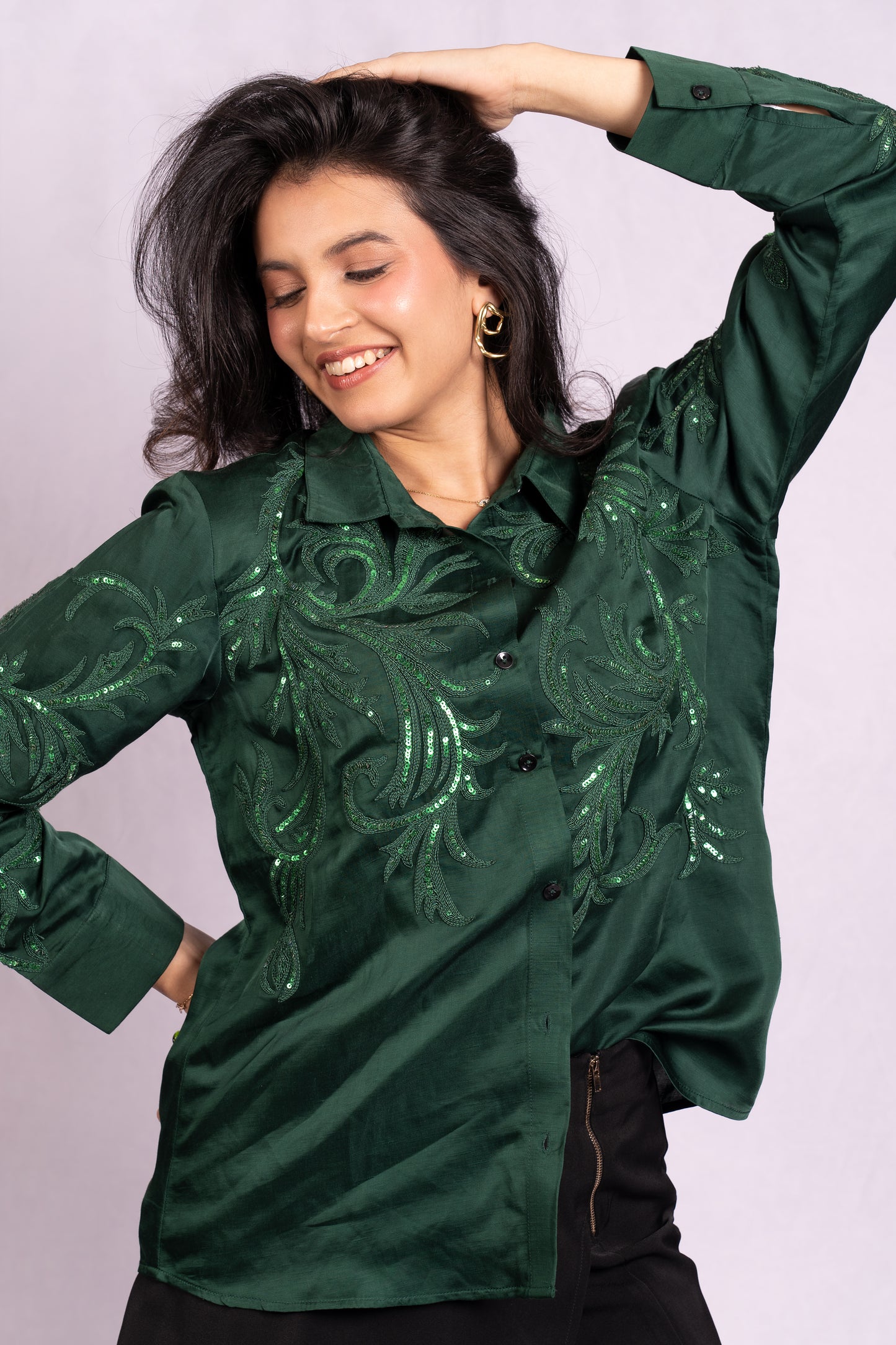 Sequin Floral Shirt  Bottle Green