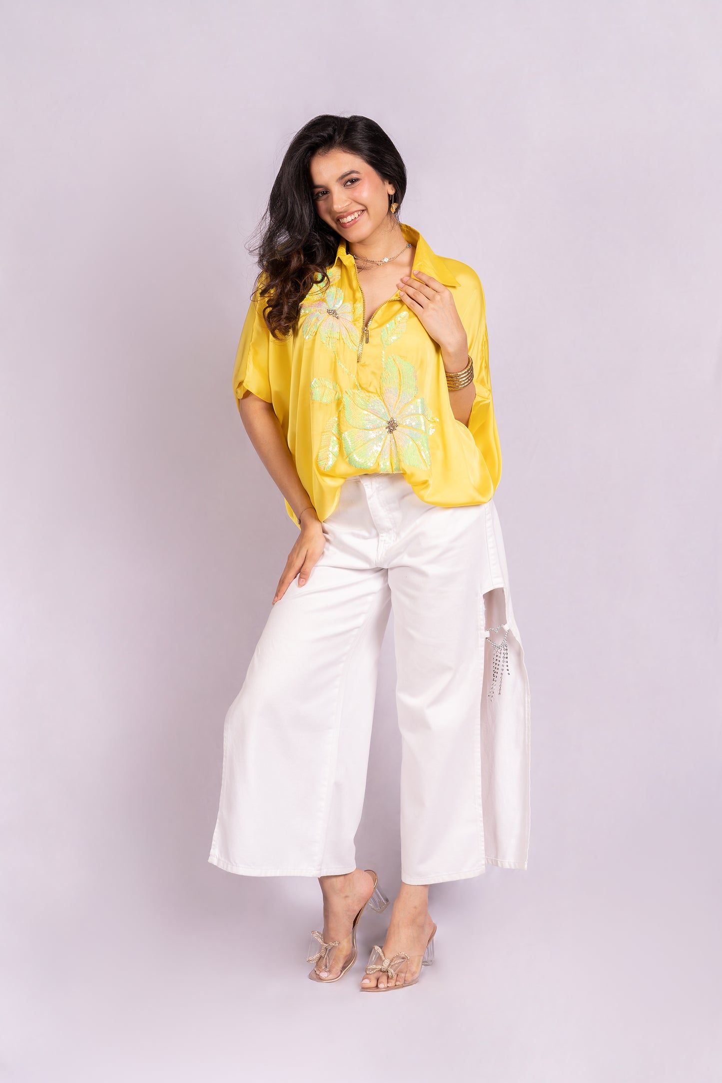 Yellow floral sequin top