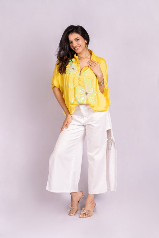Yellow floral sequin top