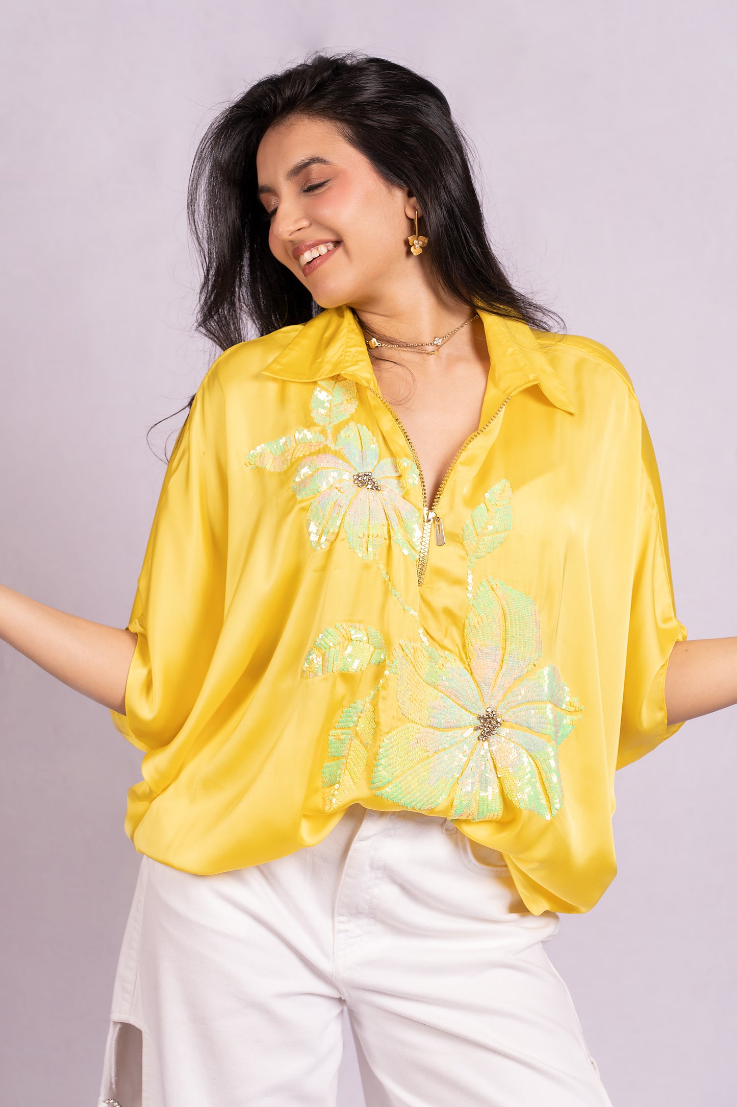 Yellow floral sequin top