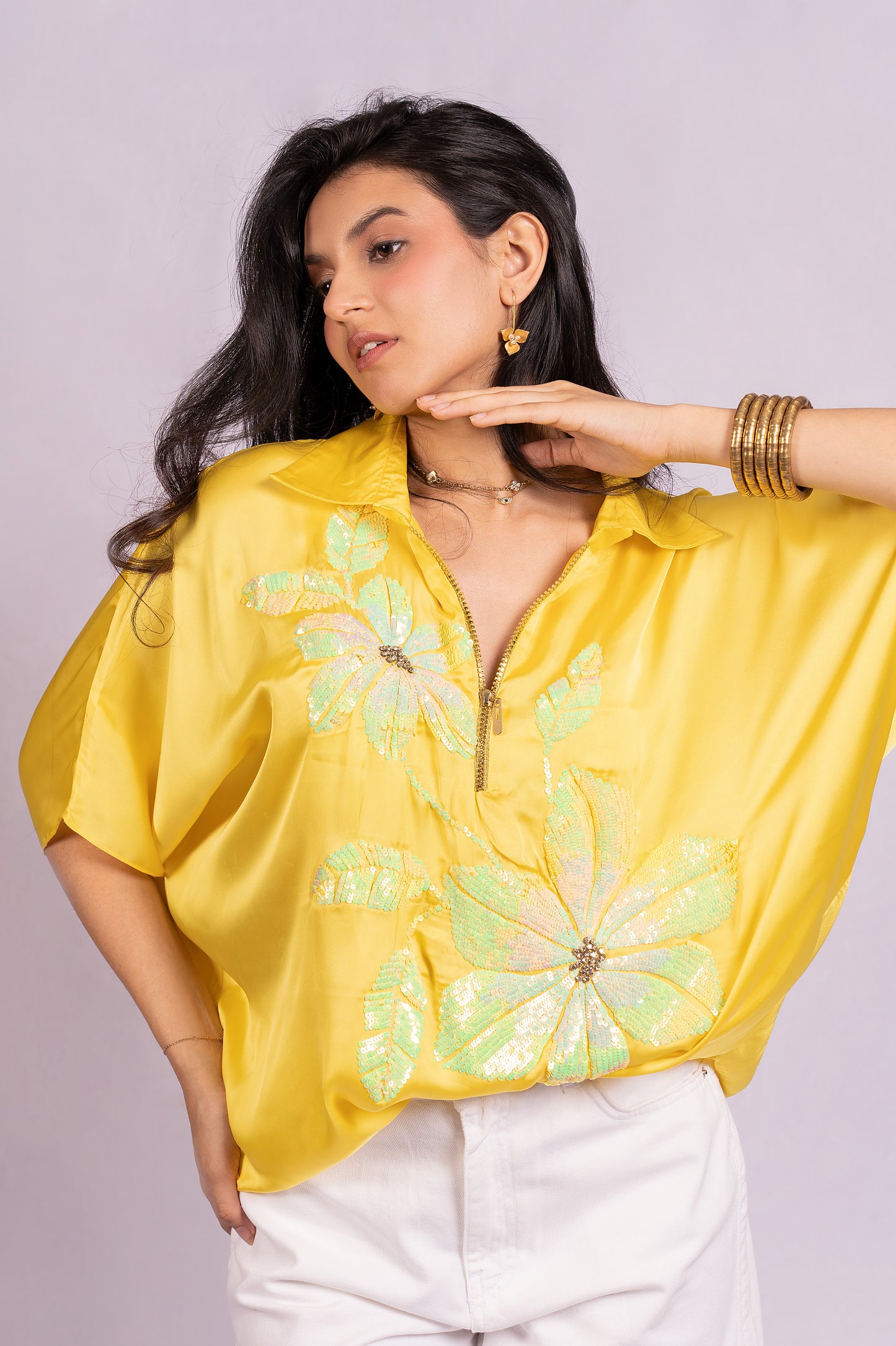 Yellow floral sequin top