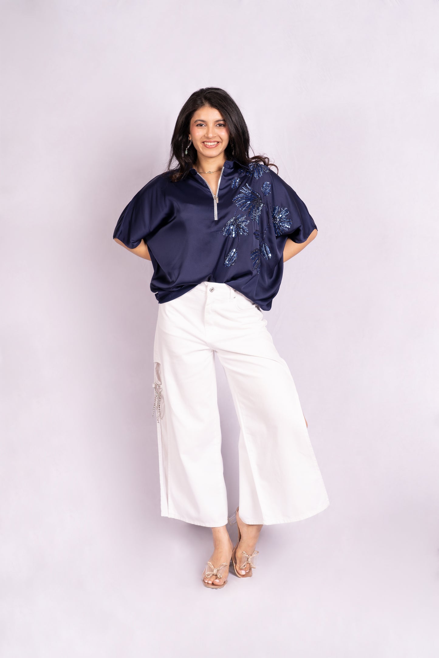 Navy blue floral sequin top