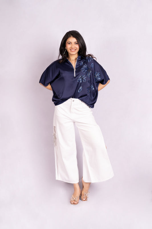 Navy blue floral sequin top