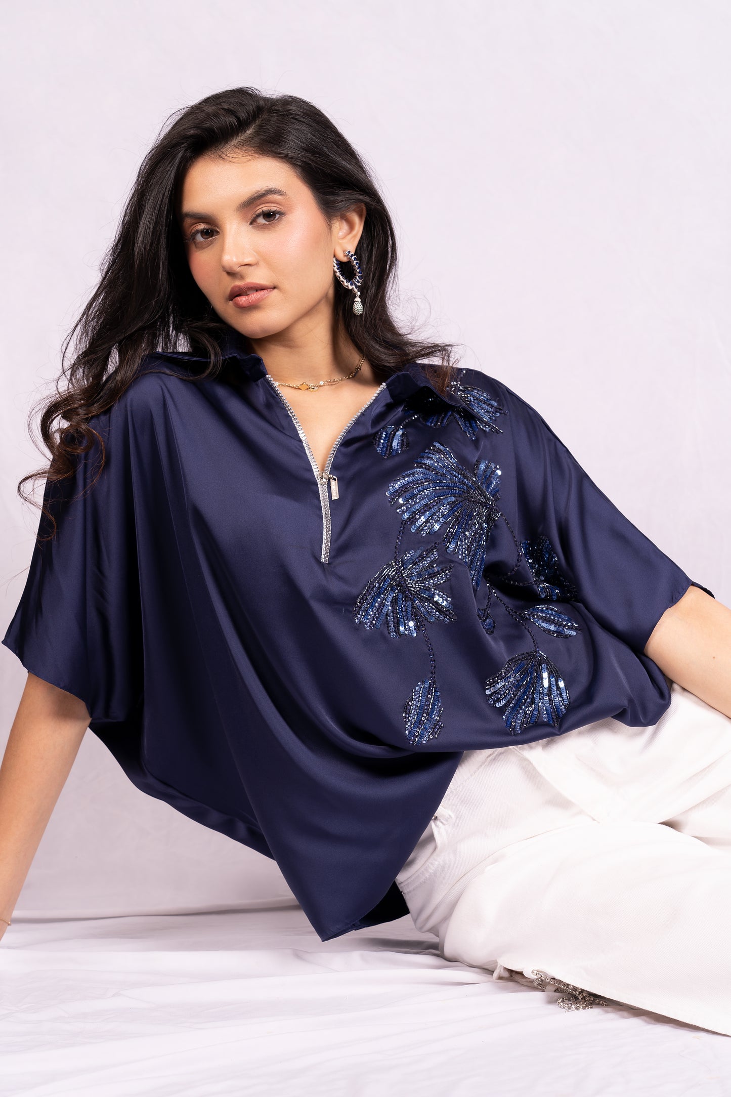 Navy blue floral sequin top