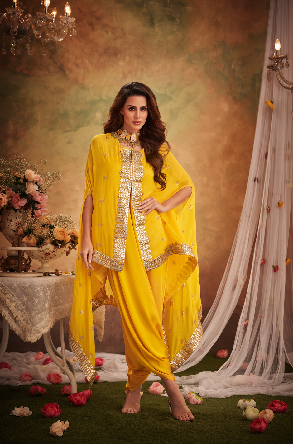 Yellow Georgette Lace & Boota Embroidered Cape With Jumper