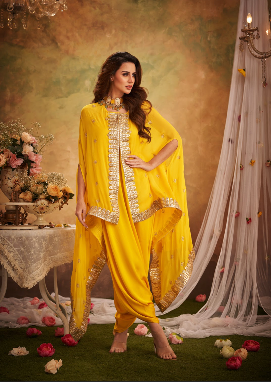 Yellow Georgette Lace & Boota Embroidered Cape With Jumper