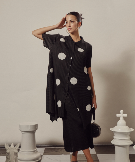 POLKA DOT STUDDED TUNIC CO ORD SET IN BLACK