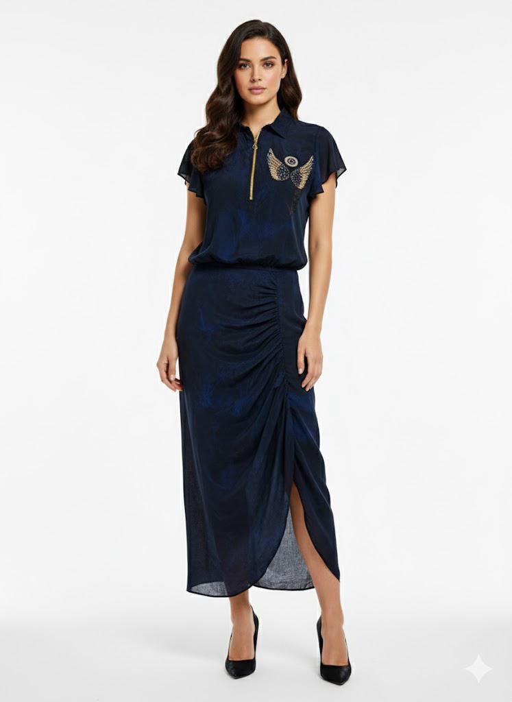 Navy blue top  with angel wings motif on back and front with a drape skirt