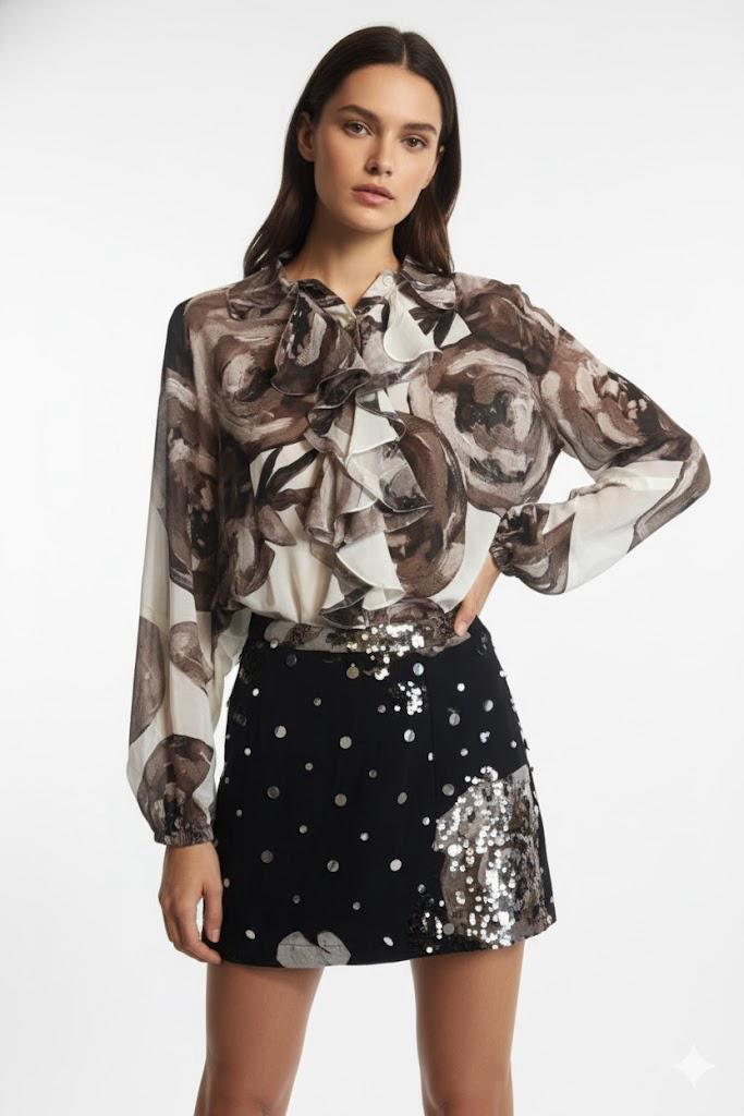 White and brown floral ruffled top with black and  silver sequin squad