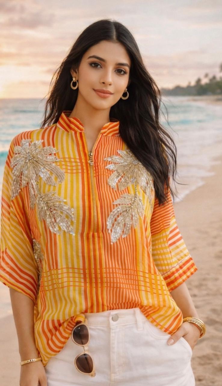 Orange and yellow striped shirt with silver sequin
