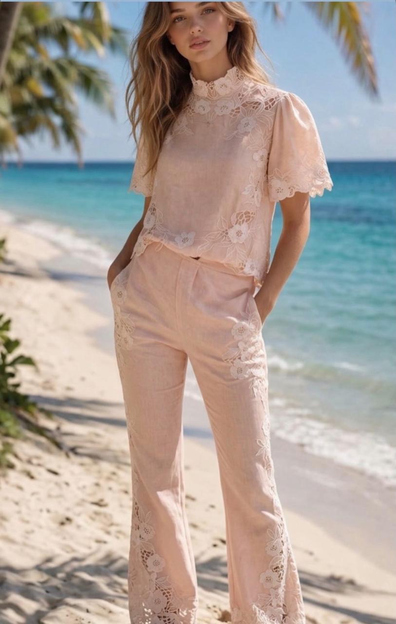 Peach and white high neck cutwork Coord set with pants