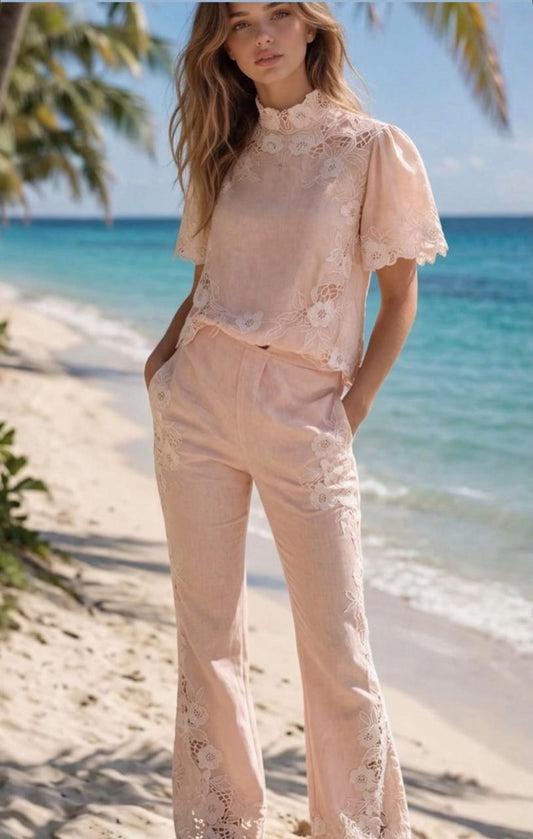 Peach and white high neck cutwork Coord set with pants