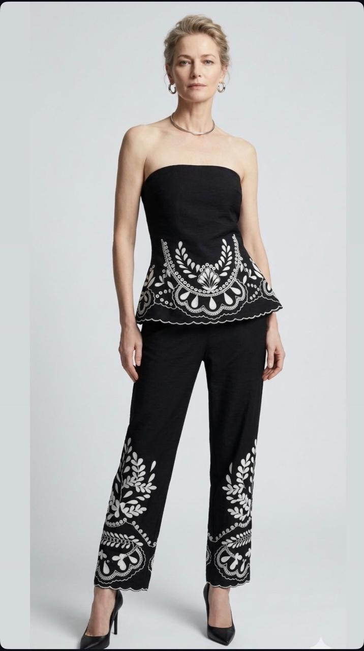 Black tube pant set with white  embroidery and cutwork