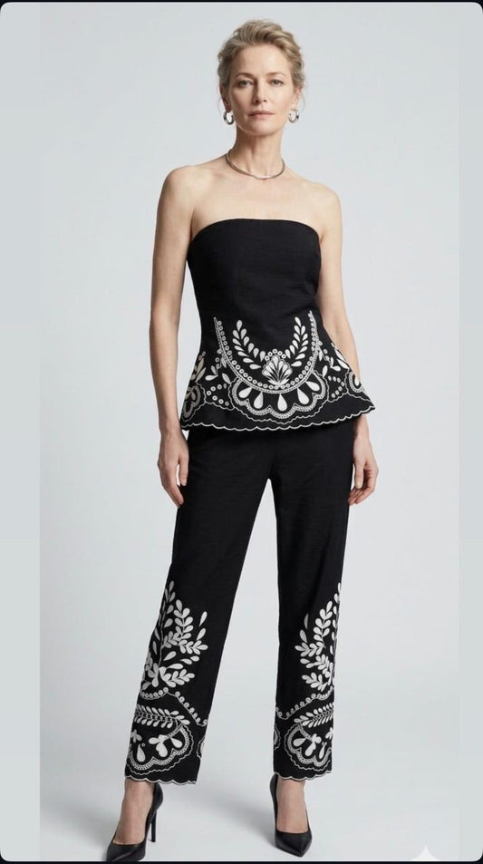 Black tube pant set with white  embroidery and cutwork