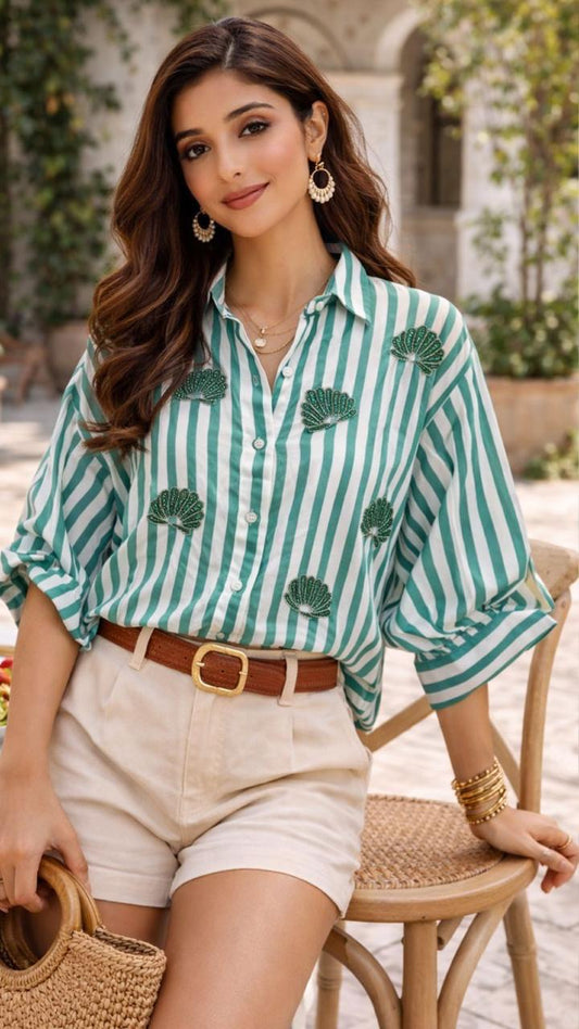 White and green pollycotton shirt  Pollycotton
