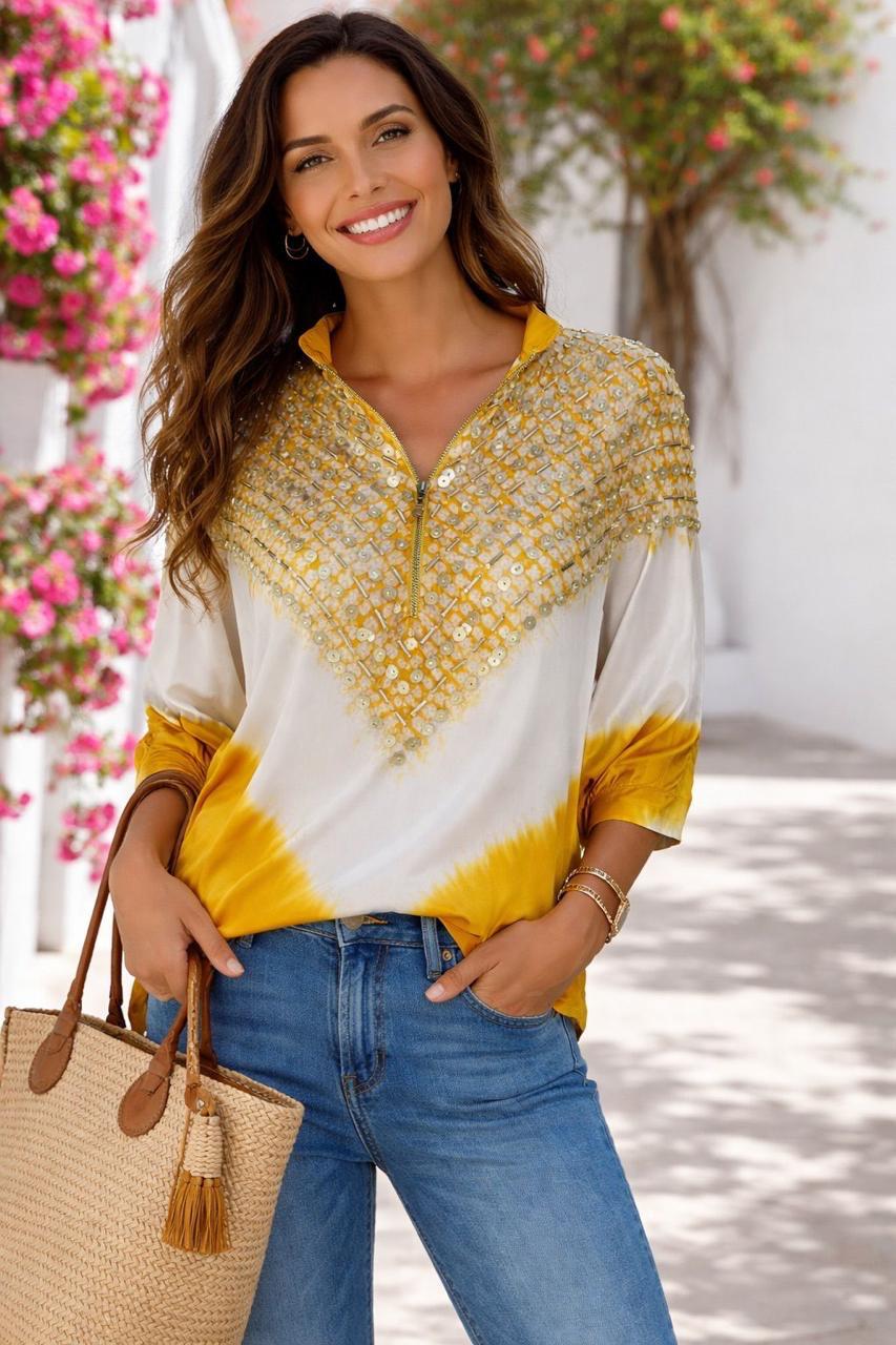 Yellow and white sequin shirt  Silk