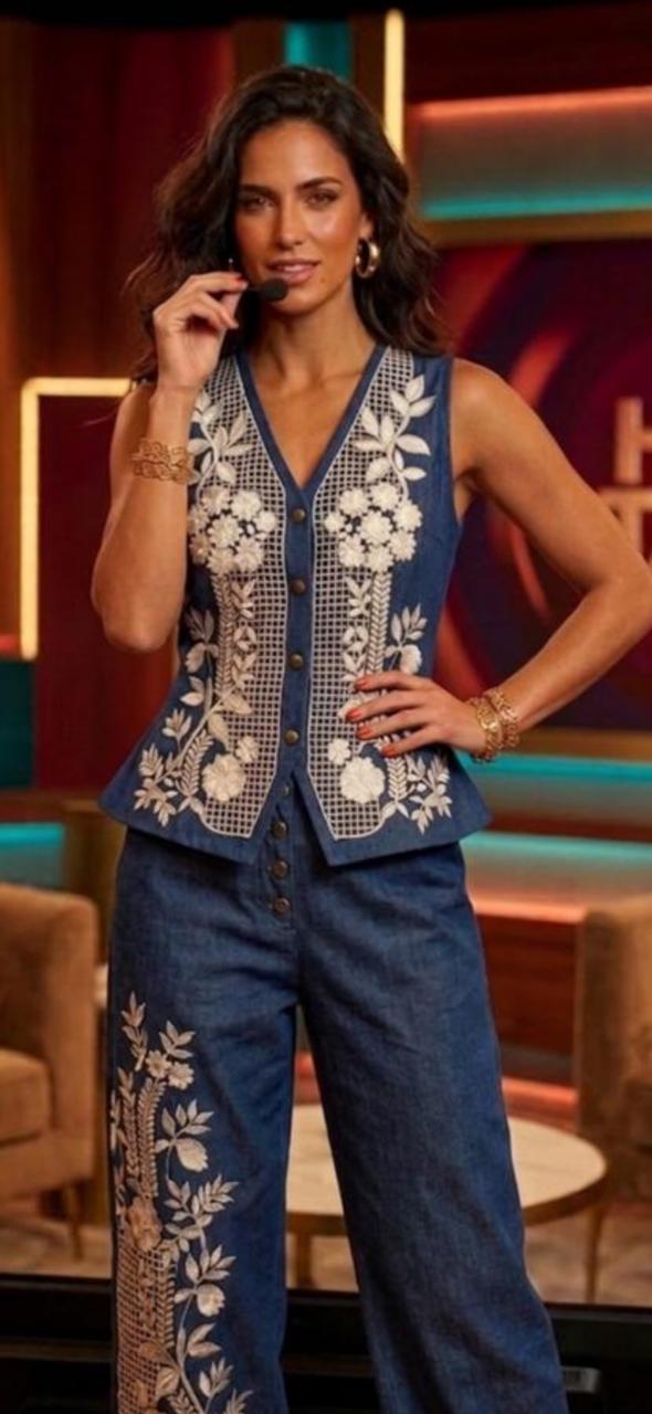 Denim and white cutwork pant set  Cotton