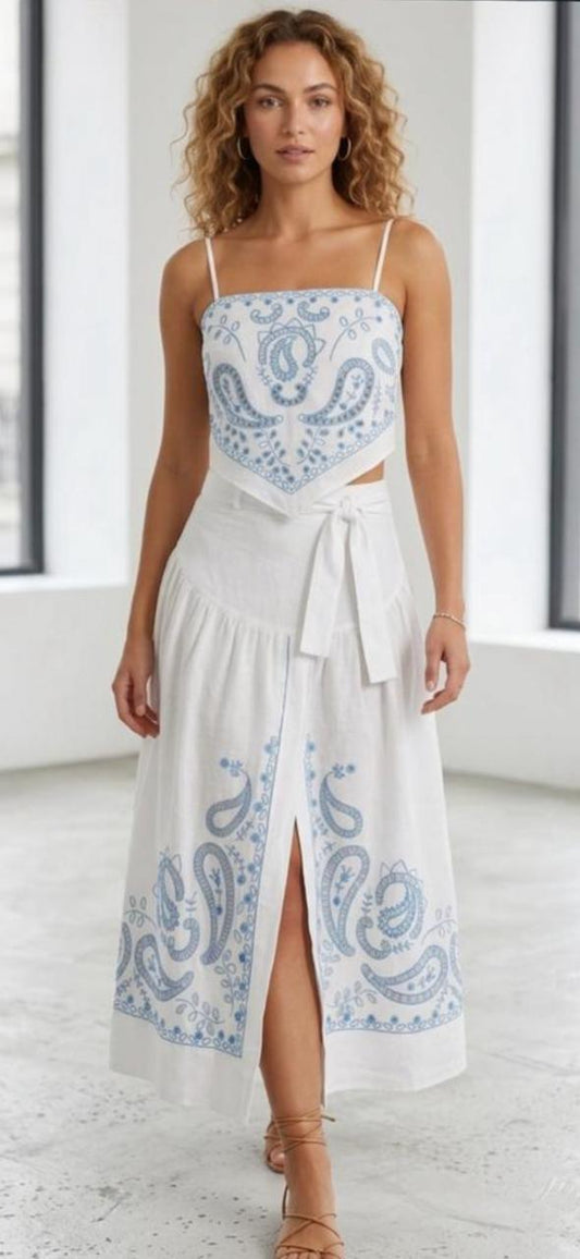 White and blue strap cut work skirt set